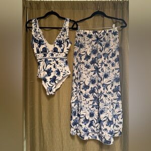 Blue Floral One Piece Swimsuit w/ Skirt